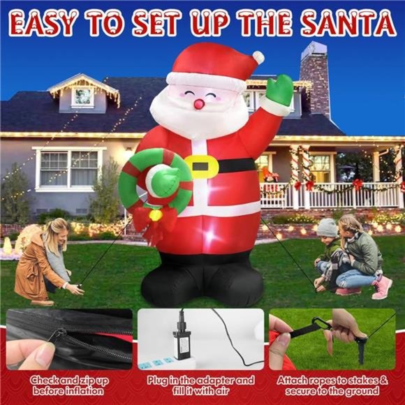 8 FT Christmas Inflatables Santa Claus Holding Garland Outdoor, Build in LED - Picture 5 of 6